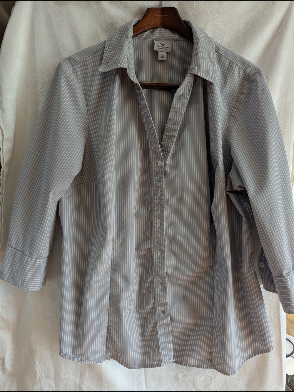 Worthington Light Gray and White Pinstripe Button-Down Shirt